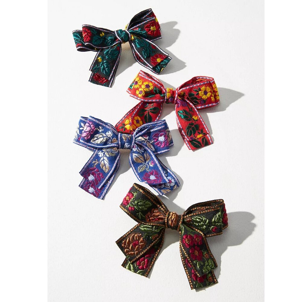 Anthropologie Floral Ribbon Hair Bow Clips, Set of 4